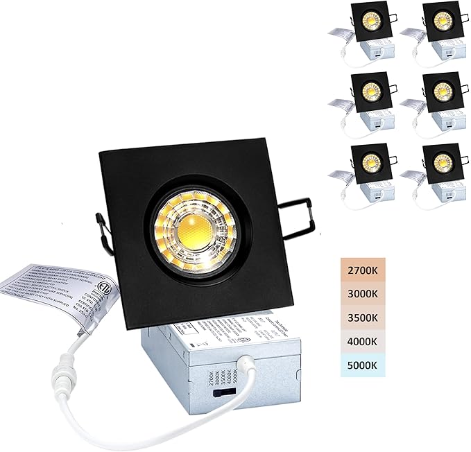 Canless Recessed Gimbal Downlight Rotatable-Spotlight 5 CCT 3 Inch Eyeball Ceilling Potlight, Dimmable Recessed Lights Fixture with Junction Box, 8W CCT Adjustable, Black Square Finish, 6P