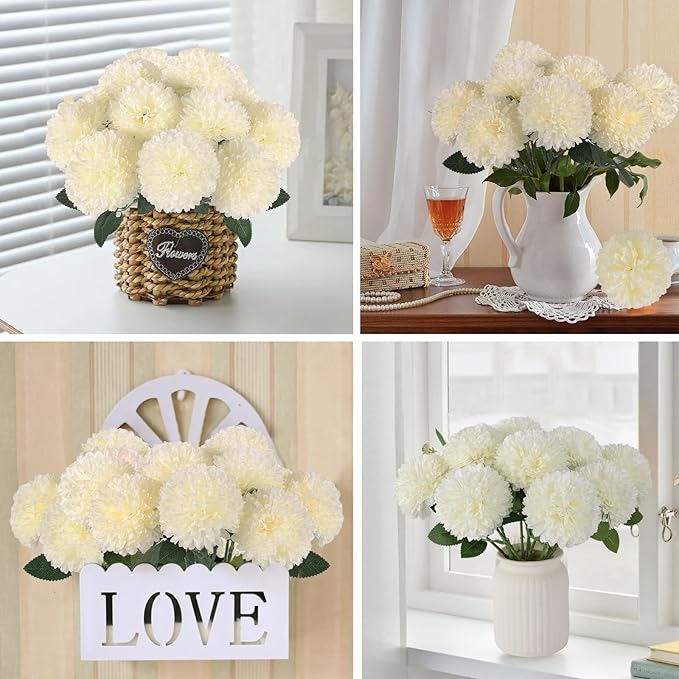 Hananona 12 Pcs Artificial Chrysanthemums Flowers Ball Flower, Fake Mums Flowers White Silk Flowers for Spring Home Decor Indoor Floral Arrangement Table Centerpiece (12, White)