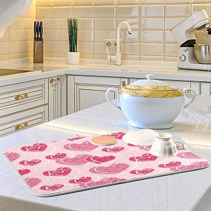 Happy Valentines Day Hearts Dish Drying Mat 16 X 18 Inch Stars Romantic Red Pink Glitter Love Heart Dry Dishes Pads Drainer Mats Tableware Protector for Home Kitchen Countertops Counter Decorations
