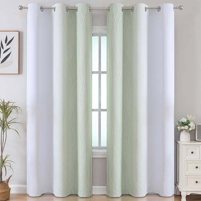 Estelar Textiler Sage and Greyish White Room Darkening Blackout Curtains 84 Inch Length 2 Panels Set for Living Room, Thermal Insulated Ombre Light Blocking Grommet Blackout Drapes for Bedroom,42Wx84L