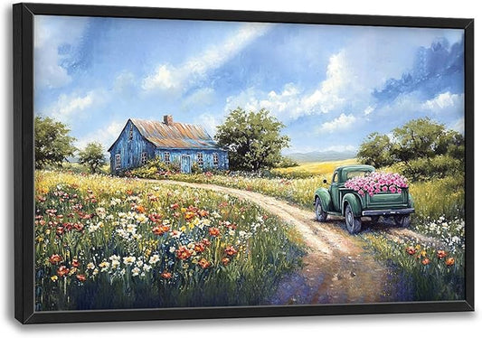 Flintis Large Farmhouse Barn Framed Wall Art Country Green Truck Flowers Pictures Wall Decor Abstract Canvas Painting Print Artworks Decor Framed for Living Room Bathroom Master Bedroom 36L X 24W