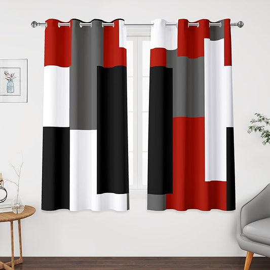 Red Black 100% Blackout Curtains 45 inch Length 2 Panels Set White Grey Modern Abstract Geometric Drapes for Kitchen Black Out Curtains Insulated Room Darkening Small Window Curtains, 52Wx45L