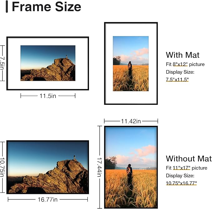 Vittanly 11x17 Poster Frame Set of 3, Display Picture 8x12 with Mat or 11x17 without Mat, Plexiglass, Wall Gallery Frame for Artwork, Black