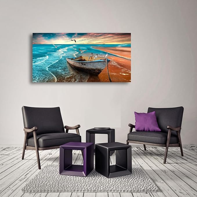 Beach Sunset Pictures Canvas Wall Art For Living Room Bedroom Wall Decor,Seascape Wall Art Print Paitnings For Home Decor,Morden Artwork Boat Canvas Art Waterproof Ready To Hang-28x57 Inches