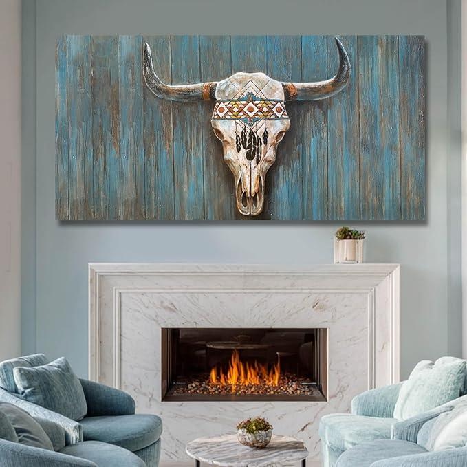 Cow Home Decor White and Blue Wall Art Modern Wall Decorations 29"x58" Large Artwork for Living Room Office Poster Printing