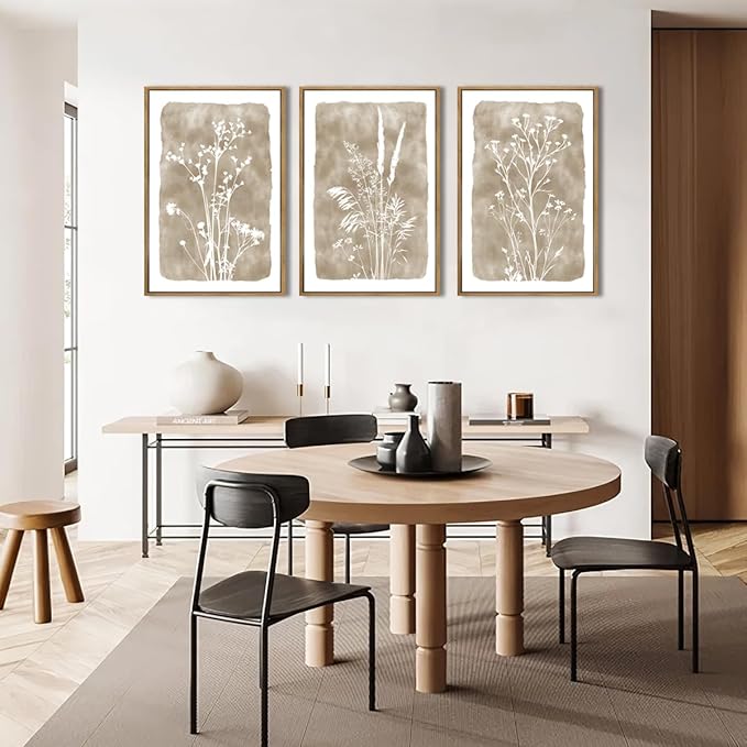 ANHUIB Beige Artwork 16x24 Inch Framed Beige Floral Wall Art Large Neutral Wildflower Wall Decor Vintage Plant Art Prints Set of 3 for Living Room Bedroom Office