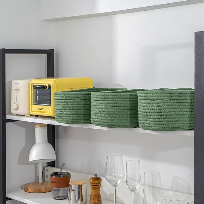 CubesLand Small Storage Basket for Shelves, Woven Rope Green Basket for Organizing, Durable & Skin-Friendly Cube Shelf Closet Organizer Bins, Toy Storage Organizers Bin, Modern Home Decor with Handles