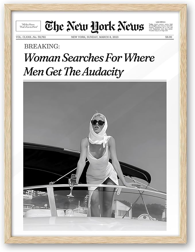 iHery Woman Searches For Where Men Get The Audacity Poster Newspaper Framed Wall Art, Natural OAK Wood Trendy Large 16x20 in Canvas Wall Art Décor For Bedroom Living Room Bathroom Set of 1