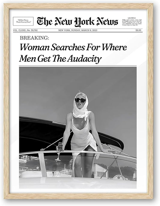 iHery Woman Searches For Where Men Get The Audacity Newspaper Headline Framed Wall Art, Natural OAK Wood Trendy 12x16 in Canvas Wall Art Décor For Bedroom Living Room Bathroom Set of 1