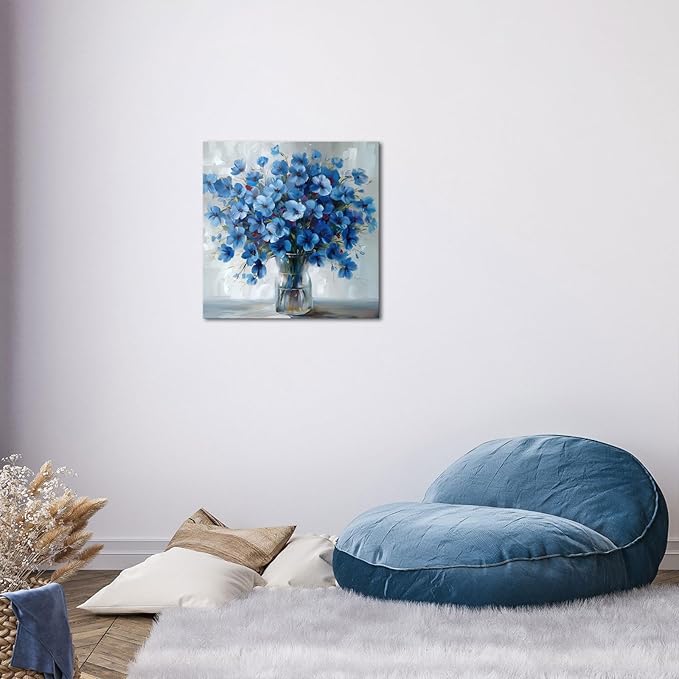 AoArtWZ Flower Canvas Wall Art White and Blue Flowers Pictures Artwork Abstract Floral Rustic Farmhouse Painting Prints for Home Decoration Framed 24" x 24"