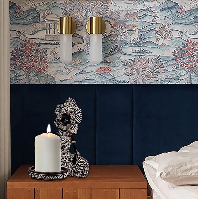 African Lady Figurine Candle Holder with African Tribal Totem for Wedding,Church,Holiday Decor-African Decorative Women Statues, Candlestick Holder for Home and Table Decor(754-Brown)