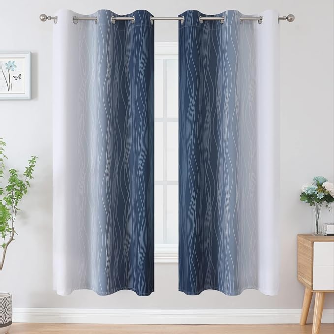 Estelar Textiler Full Room Darkening Greyish White and Navy Blue Blackout Curtains 72 Inch Length 2 Panels Set, Ombre Thermal Insulated Light Blocking Grommet Blackout Drapes for Bedroom, 42Wx72L