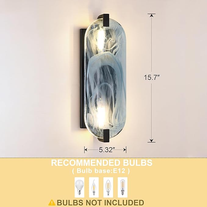 2 Pack 2 Light Oval Blue Glass Bathroom Wall Sconce Modern Concise Style Wall Light Fixture,Black Finish for Bedroom Hallway Bedside