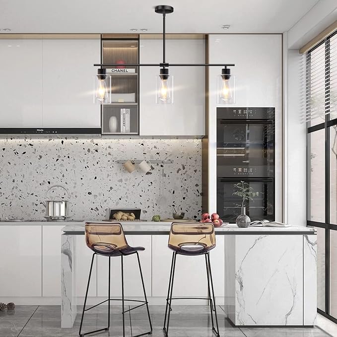 Kitchen Island Lighting, 3 Lights Linear Chandeliers Rectangle Pendant Light Fixtures for Dining Room Farmhouse Hanging Light with Glass Shades(Black)