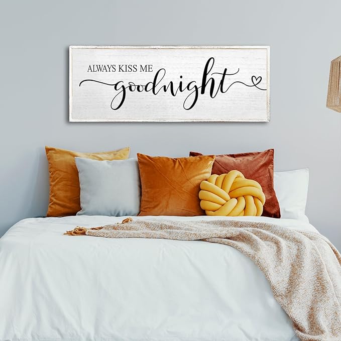 Always Kiss Me Goodnight Wall Sign 40''×15'' Vintage Master Bedroom Above Bed Farmhouse Wooden Framed Family Wall Decor for Larg Couples Over Bed Wall Art Decoration (White)