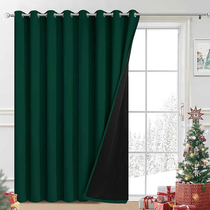 Yakamok 100% Blackout Thermal Insulated Curtains, Noise Reducing Barrier Panel for Sliding Glass Door, 2 Thick Layers Heat Full Light Blocking Patio Door Drapery, Green, W100 x L84, 1 Panel