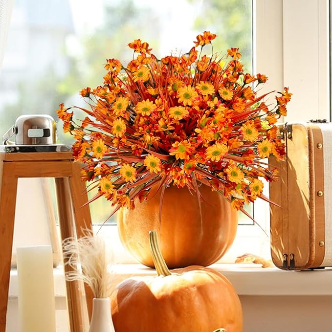 Fake Mums Fall Flowers Artificial for Decoration, 12 Bundles Faux Plants Silk Orange Flowers Realistic UV Resistant for Outdoors Planter Porch Garden Balcony Patio Window Box