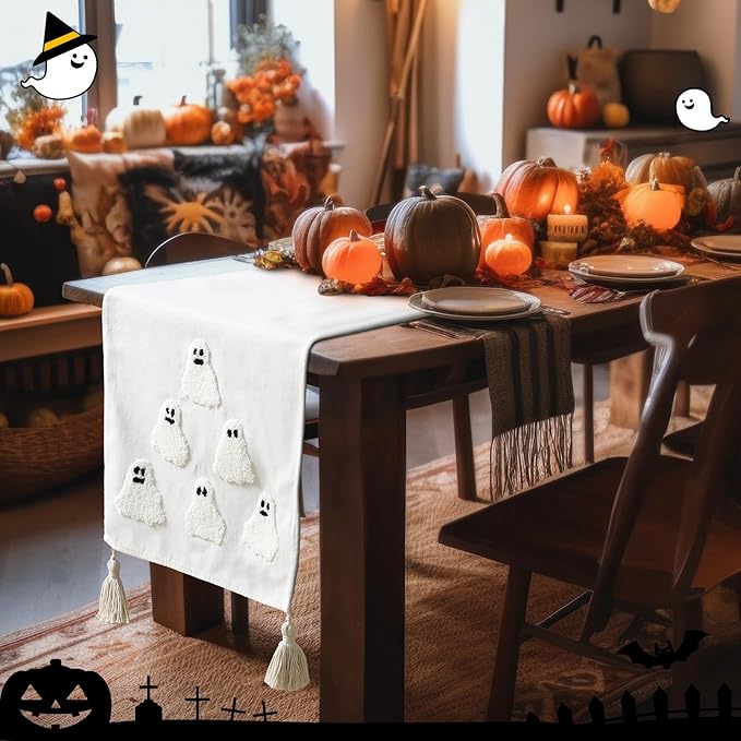 Breling Halloween Ghost Table Runner Jacquard Cute Ghost Halloween Dinner Table Runner Fall Autumn Kitchen Dining Decoration for Kitchen Farmhouse Holiday Party Home Decor 13x72 Inch(Beige)