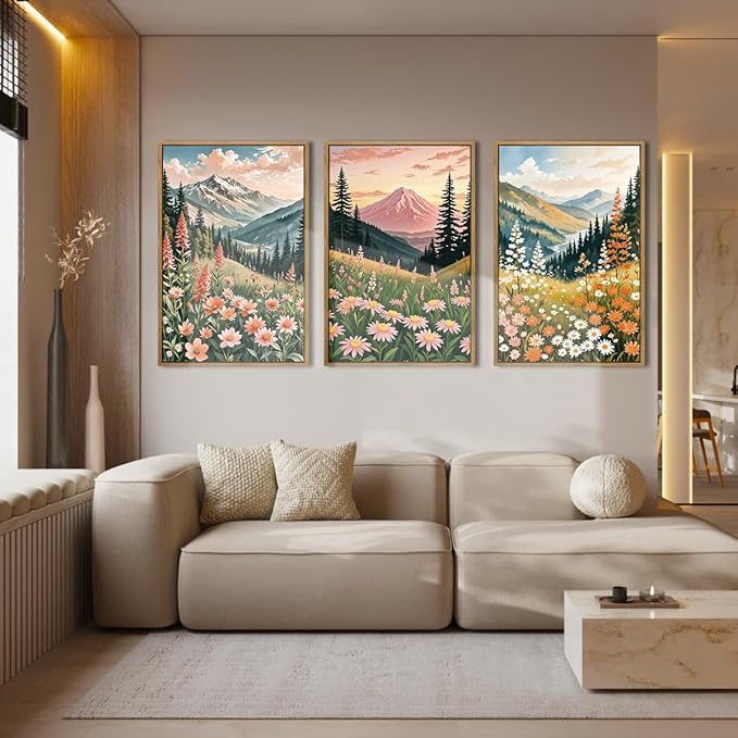 Extra Large Wildflower Wall Art Boho Wildflower Wall Decor 24x36 Inch Colorful Mountain Wall Art Set of 3 for Living Room Bedroom Dining Room