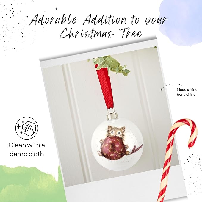 Royal Worcester Christmas Tree Ornament - Purrfect Bauble with Kitten Motif, Fine Bone China Festive Holiday Decorations, Hand-Painted Whimsical Animal Theme for Seasonal Home Decor