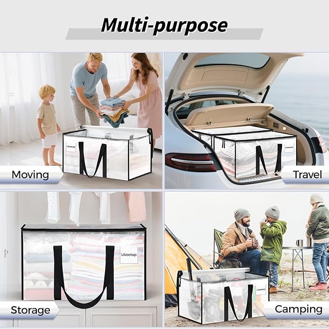 16 Pack Extra Large Heavy Duty Moving Bags, Clear Storage Bins with Lids, Reinforced Handles & Heavy-Duty Zippers Moving Boxes Storage Bags Totes for Clothes Packing, Dorms, College Supplies, Clear