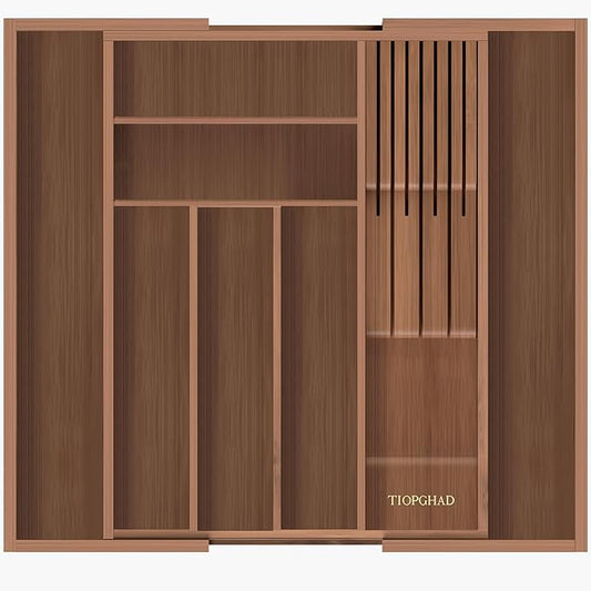 Bamboo-Silverware-Drawer-Organizer-Kitchen, Expandable Utensil Holder Cutlery Tray Flatware Organization Adjustable Wood Tableware Dividers Storage (with Removable Knife Block)(Brown)