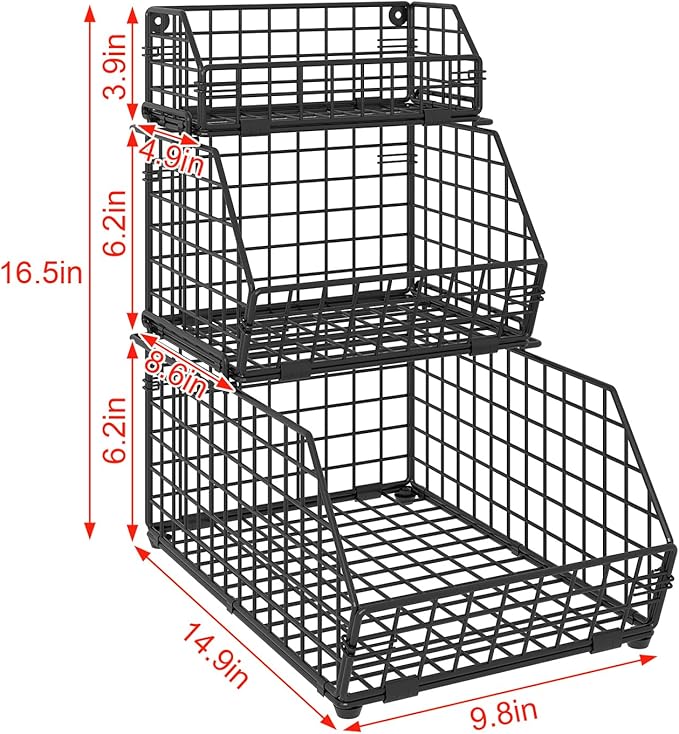 3-Tier Fruit Basket for Kitchen Counter, Stackable Wire Baskets Wall, Potato and Onion Storage Bins, Pantry Organizers and Storage for Potato, Onion, Produce, Fruit, Vegetable, Snack