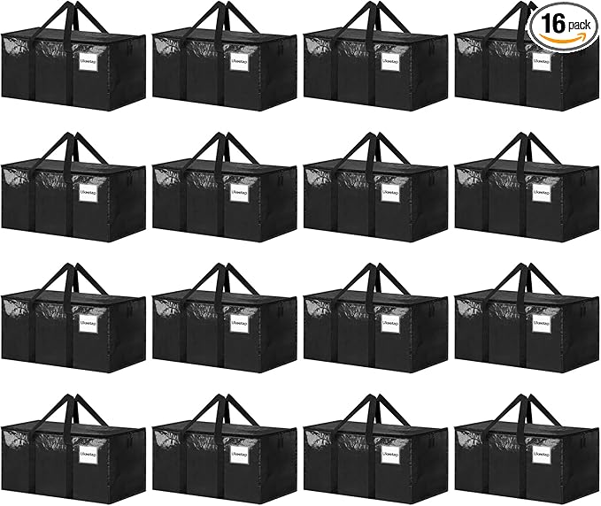 16 Pack Extra Large Heavy Duty Moving Bags, Black Storage Bins with Lids, Reinforced Handles & Heavy-Duty Zippers Moving Boxes Storage Bags Totes for Clothes Packing, Dorms, College Supplies, Black