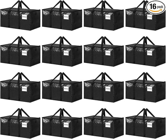 16 Pack Extra Large Heavy Duty Moving Bags, Black Storage Bins with Lids, Reinforced Handles & Heavy-Duty Zippers Moving Boxes Storage Bags Totes for Clothes Packing, Dorms, College Supplies, Black