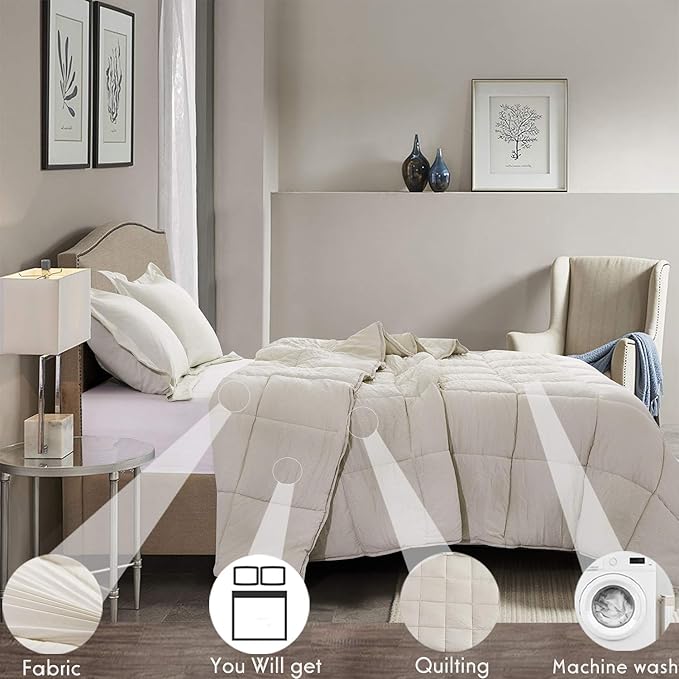 HIG Pre Washed Down Alternative Comforter Set Twin - Reversible Chic Quilt Design - Box Stitched with 4 Corner Tabs - Lightweight for All Season - Camel Duvet Comforter with 2 Pillow Shams