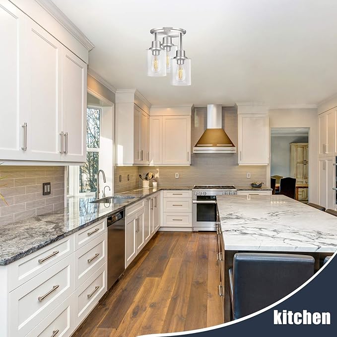 Semi Flush Mount Ceiling Light, 3-Light Close to Ceiling Light Fixtures, Brushed Nickel Finish Kitchen Light Fixture with Clear Seeded Glass Shade Patriot Lighting for Stairs Porch Hallway Entryway