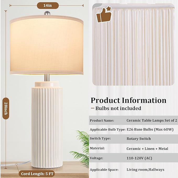 28’’ Farmhouse Ceramic Table Lamps Set of 2 for Living Room, Cream Vintage Bedside Table Lamps with White Linen Shade, Rustic Nightstand Lamps for Bedroom Home Office End Table Dorm