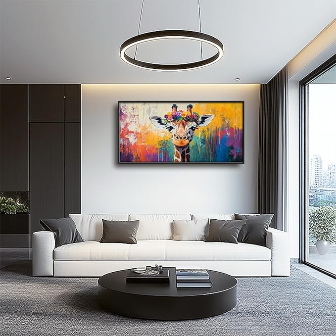 Framed Large Wall Art for Living Room, Banksy Deer Canvas Wall Decor, Large Giraffe Picture Framed Painting, Modern Artwork for Bedroom Office 60L'' × 30W''