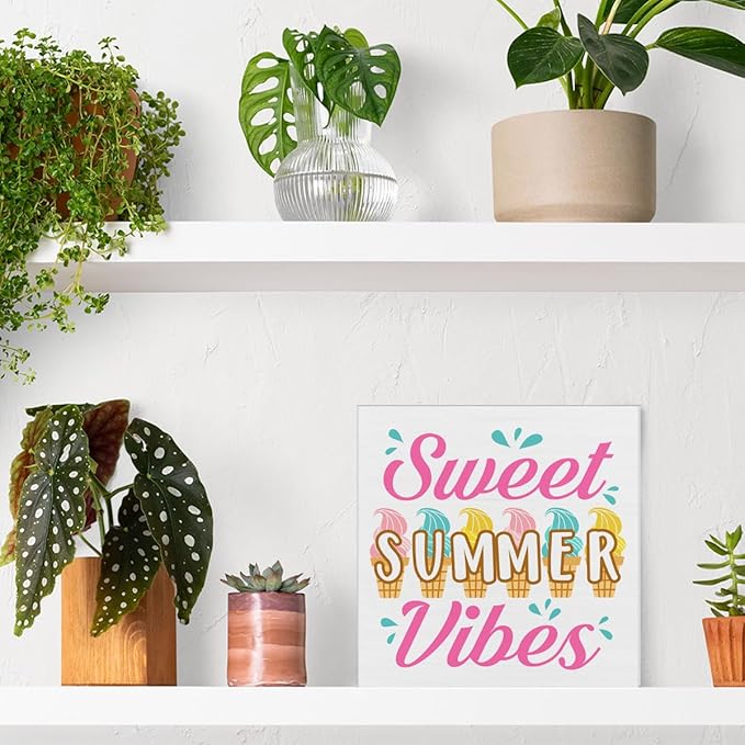 Summer Decor Sweet Summer Vibes Wood Block Sign Home Kitchen Desk Table Shelf Decoration