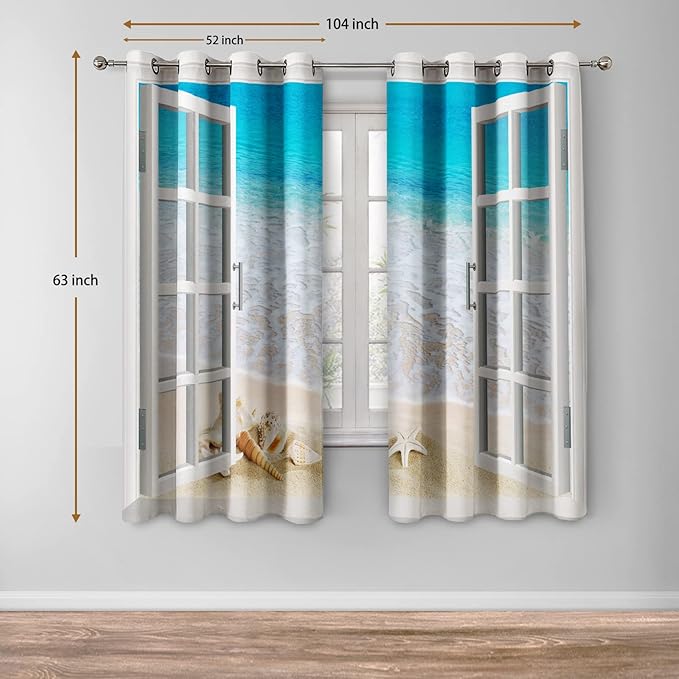 Jekeno Ocean Beach Blackout Curtains Tropical Scene Sea Waves Shell Starfish Conch View Through White Wooden Window Bedroom Living Room Decor Darkening Grommet Window Drapes 2 Panel Set, 52"x63"