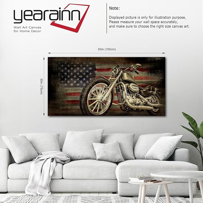 yearainn American Flag Motorcycle Wall Art - Vintage Map of USA Pictures Retro Motorcycle Wall Decor American Freedom Ride Canvas Painting Print Modern Classic Artwork for Office Home Decor 29" x 58"