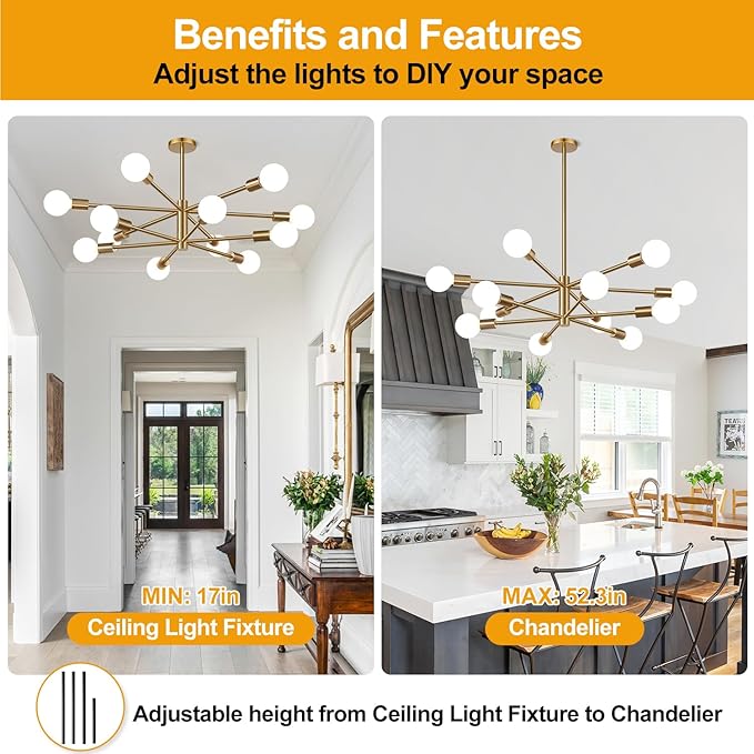 Sputnik Chandeliers Dining Room Light Fixture (12-Light, 33-Inch), Modern Brass Chandelier, Height Adjustable Mid Century Modern Chandeliers for Dining Room Kitchen Bedroom (Bulbs not Included)