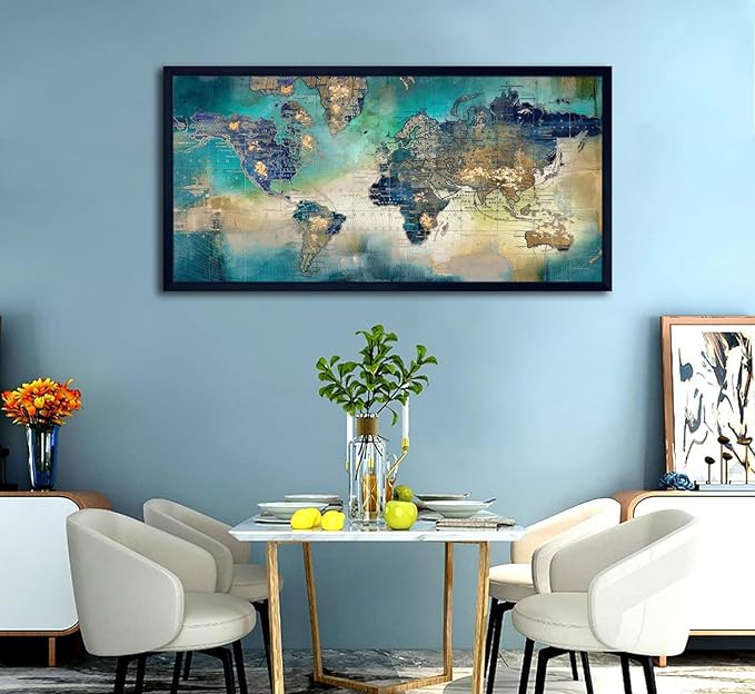 Large World Map Canvas Prints Wall Art for Living Room Office "29x58" Green World Map Picture Artwork Decor for Home Decoration Black Framed Wall Art