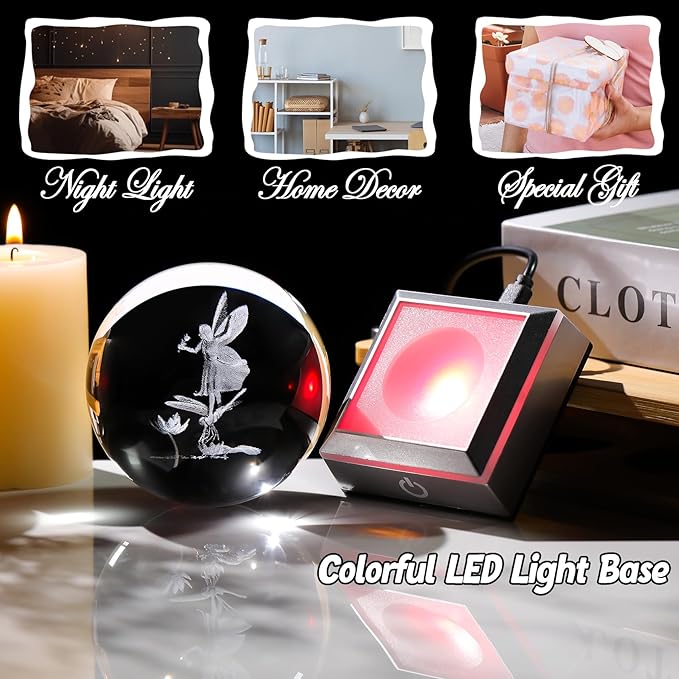 3.15"/8CM Crystal Ball 3D Engraved Fairy with Dragonfly Gifts for Girlfriend Girls Glass Sphere with LED Colorful Base Ideas on Birthday Christmas for Her Home Decor Figurine