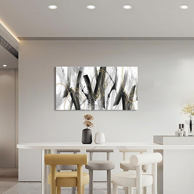AJAZIKO Black and Gold Modern Wall Art - Large Abstract Wall Art Decor for Living Room, Bedroom, Office - Elegant Black and White Painting for Stylish Home Decor