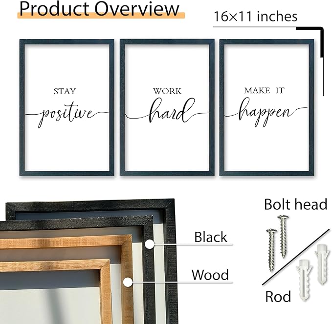 SRSZHIYUE Office Motivational Decor 16"×11" Set of 3 Stay Positive Work Hard Make It Happen Inspirational Quotes Wooden Framed Wall Hanging Art (Black)