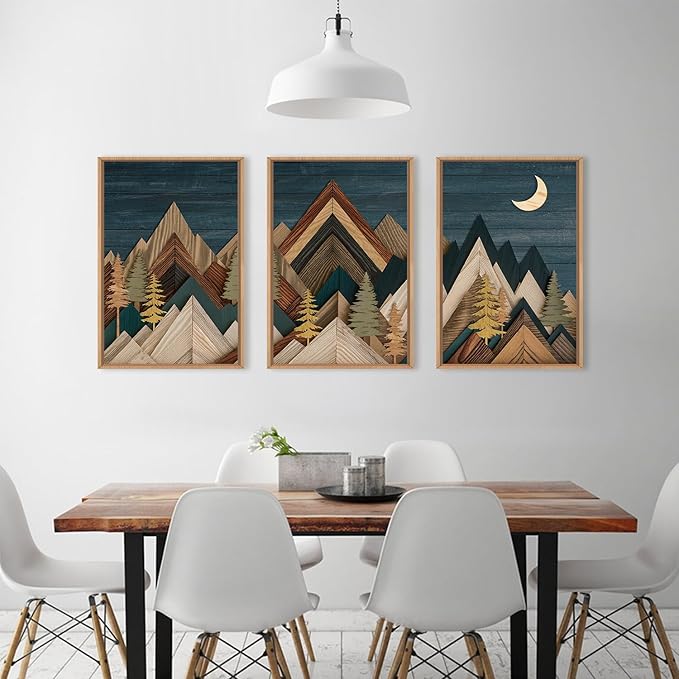 HPINUB Mountain Woodcut Style Framed Canvas Wall Art Set,Vintage Pine Tree Wall Decor, Nature Country Wilderness Forest Artwork,Modern Navy Blue Art Prints for Living Room,Bedroom,Farmhouse-16 x24 x3