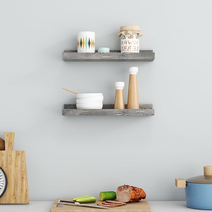 Picture Ledge Wall Shelves 16 inch Width Set of 2, Solid Pine Wood Rustic Floating Ledge Shelves for Wall for Kids' Room Bedroom Kitchen Bathroom Living Room Nursery Display Wall Decor, Grey