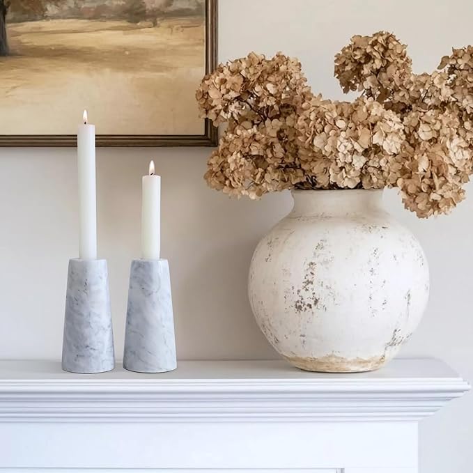 HofferRuffer Marble Candlestick Holders，Set of 2 Natural Stone Candle Holder Decorative Candle Stands for Wedding, Dinning, Party, Table Centerpieces, Fit 3/4'' Thick Taper Candles (Grey White)