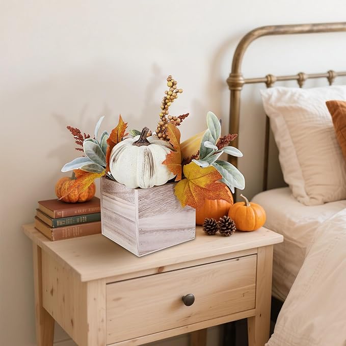 winemana 2 Pack Fall Decorations for Home - Artificial Pumpkin, Gourd, Berries & Leaves in Wood Vase | Autumn Table Centerpiece for Dining, Mantel, Indoors