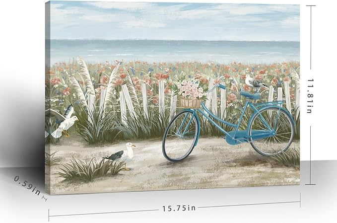 Bathroom Wall Art Farmhouse Boho Ocean Beach Coastal Vintage Floral Canvas Print Seaside Blue Bicycle Seagull Seascape Painting Seashore Botanical Wildflower Field Daisy Flowers Artwork 12x16inch