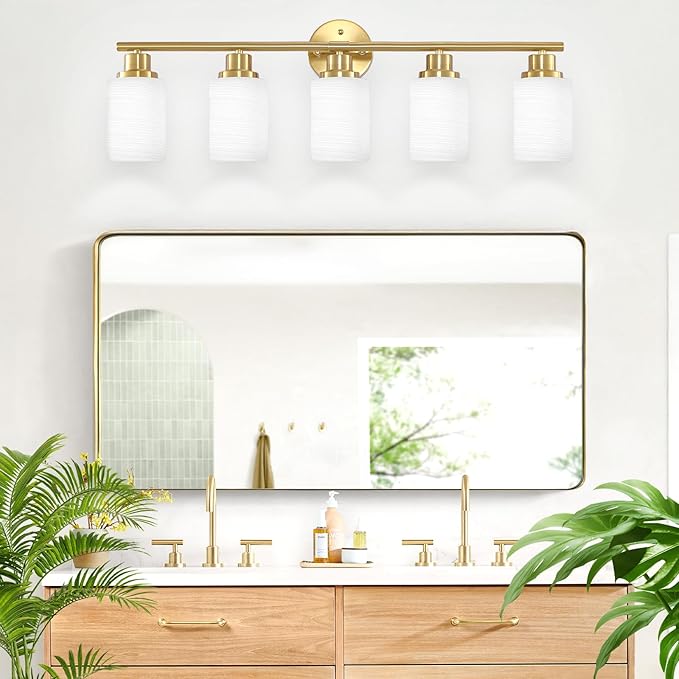 5-Light Vanity Lights, Brushed Gold Bathroom Light Fixture with Striped Textured Milky White Glass Shade, E26 Modern Vanity Lighting Fixture for Bathroom Wall Sconce Light Over Mirror