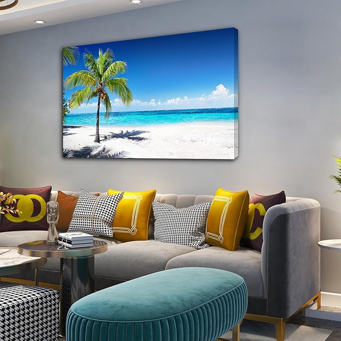 Baisuart-S03969 Large Canvas Wall Art Summer Ocean Waves Prints Coconut Trees on Sands Beach Seascape Painting Sea Nature Pictures Framed for Living Room Home Office Wall Decor Artwork