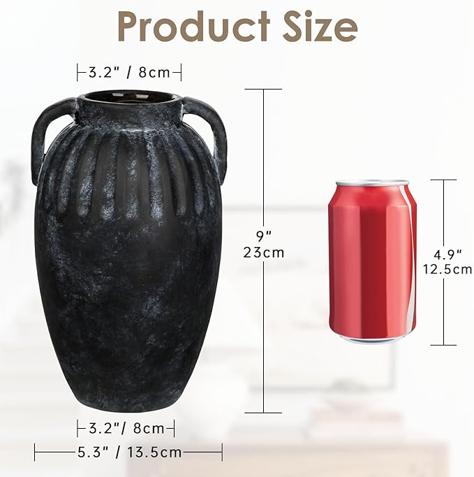 Ceramic Rustic Farmhouse Vase, 9 inch Pottery Black Flower Vase with 2 Handles for Centerpieces Pampas Grass Boho Modern Rustic Farmhouse Decor for Living Room Kitchen Countertop Dinner Table Shelves