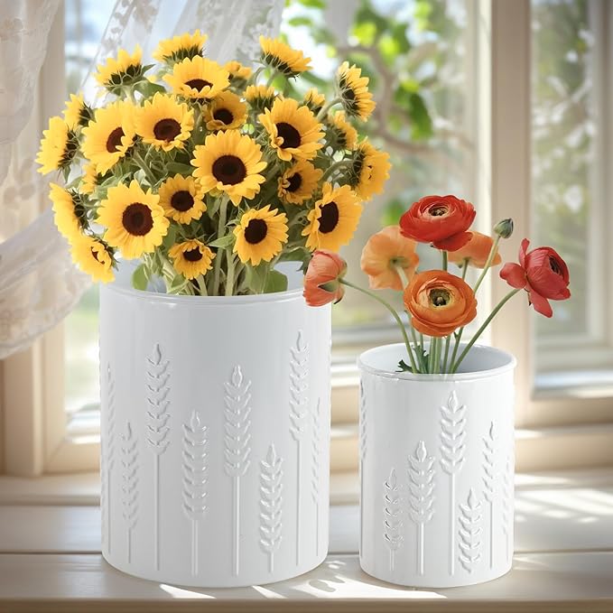 2 Pack Metal Utensil Holder for Kitchen Counter, 7.3"+5.4" Large Cooking Utensil Organizer Ear of Wheat Pattern Embossed Utensil Caddy for Party Cutlery Tool Holder Storage, White